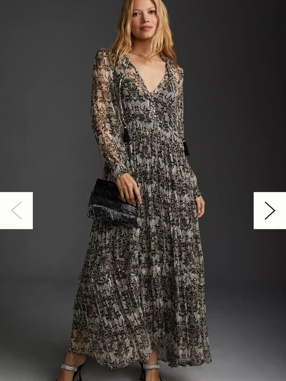 Anthropologie Black and Cream Floral Long-Sleeve Maxi Dress